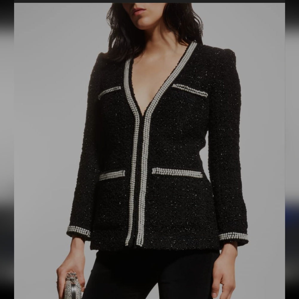 VERONICA BEARD BLACK BOUCLE LIKE EUC PEARL TRIM LINED BLAZER SIZE 8